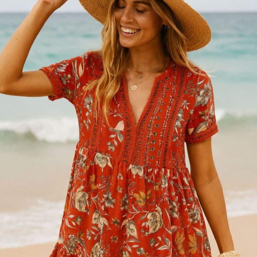 Jaase Boho Floral Mini Dress Orange Crochet V-Neck Size Medium Coastal Cowgirl
